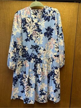 Vince Camuto Light Blue Floral Long Sleeve Tiered Dress, size 12.